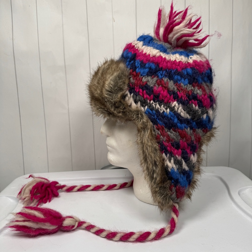 Y2K American Eagle Wool/Alpaca Knit Trapper Hat Faux Fur Trim Ski Snow Winter